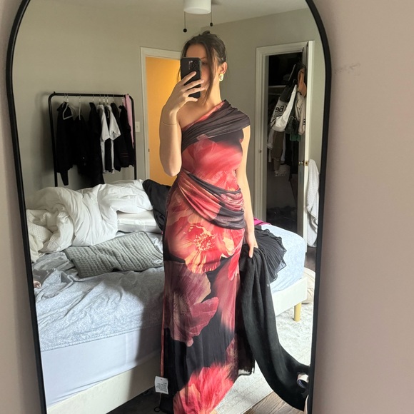 ASOS DESIGN Mesh Twist One Shoulder Midi Dress w/ Pink Floral - Picture 5 of 5